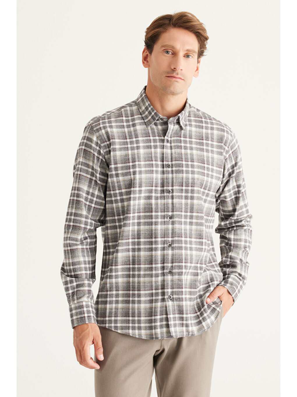 Erkek Kahverengi Comfort Fit Rahat Kesim Gizli Düğmeli Yaka %100 Pamuk Gömlek-2