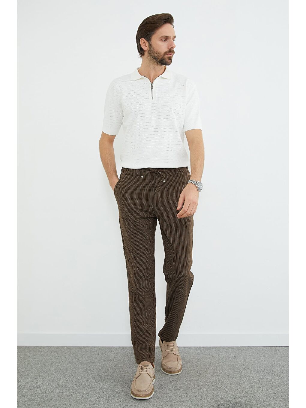 Kahverengi Çizgili Duble Paça Beli Bağlamalı Pantolon-3