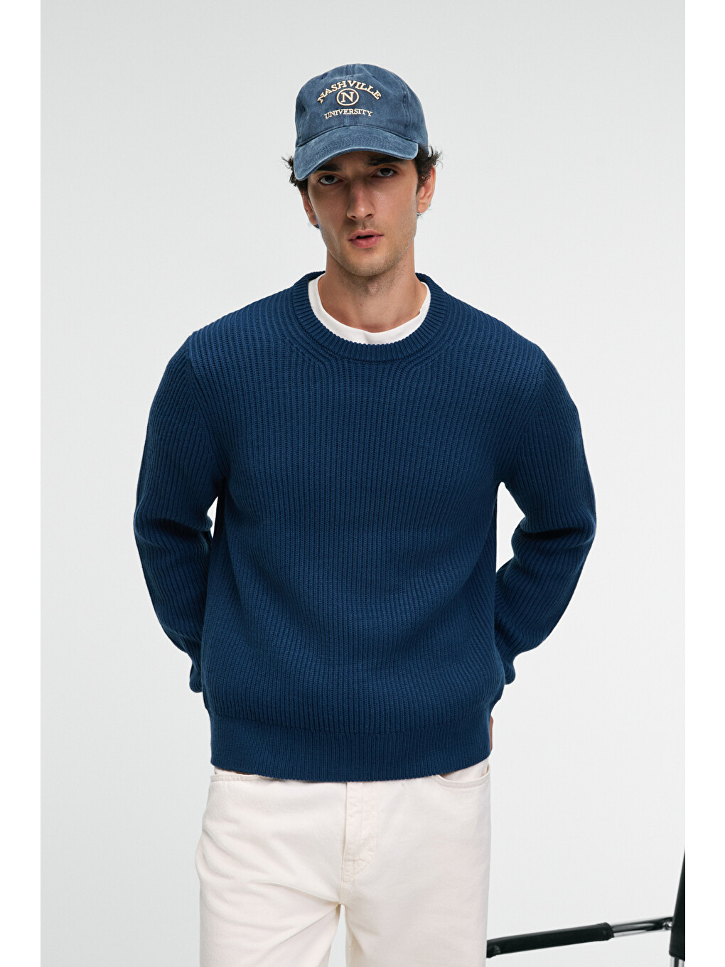 Erkek Yuvarlak Yaka Regular Fit Triko İndigo Kazak-2