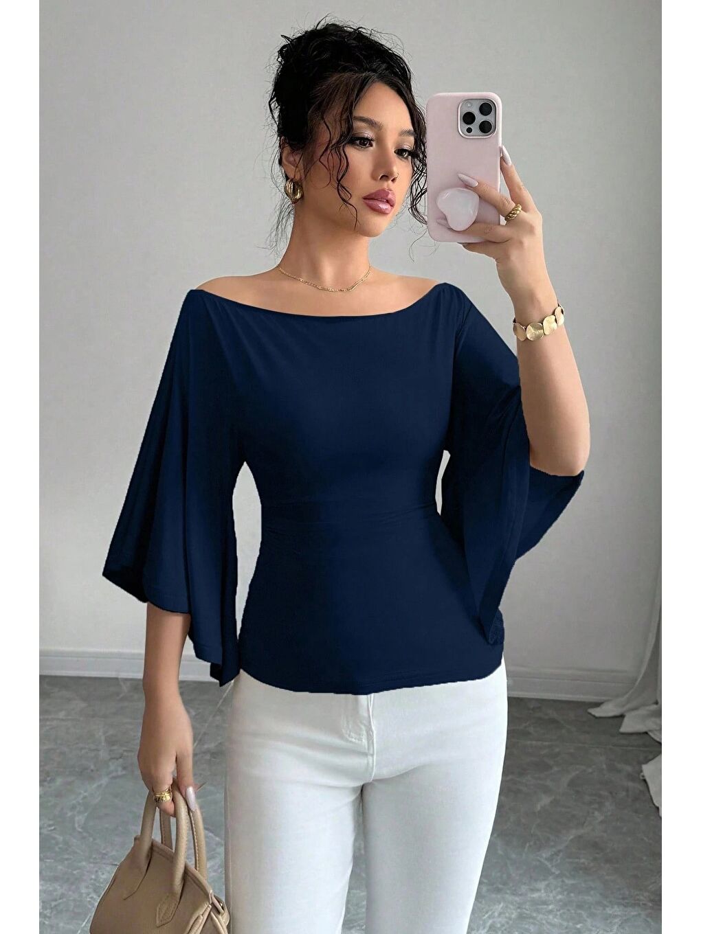 Lacivert Kadın Kayık Yaka Flare Kol Drapeli Fit Bluz-5