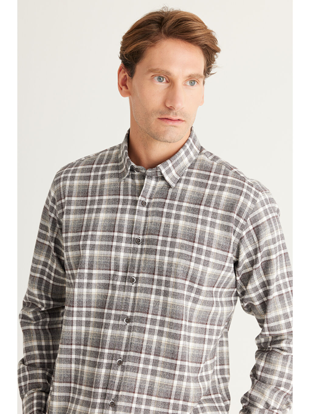 Erkek Kahverengi Comfort Fit Rahat Kesim Gizli Düğmeli Yaka %100 Pamuk Gömlek-3