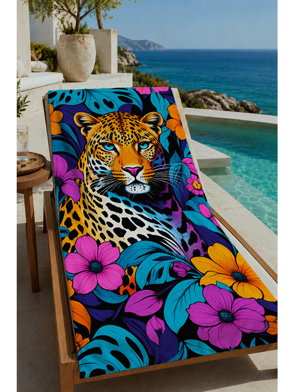 Mavi Renkli Tropikal Kaplan Ve Çiçek Desenli 70x150 Cm Dijital Baskılı Plaj Ve Banyo Havlusu