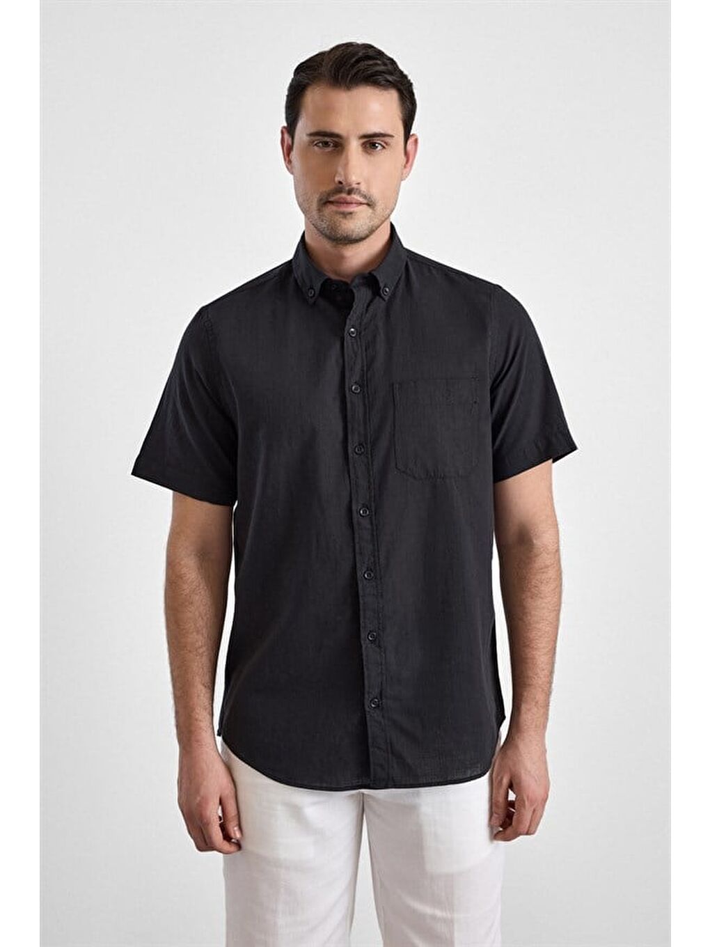 Siyah Regular Düğmeli Yaka Düz Casual Gömlek