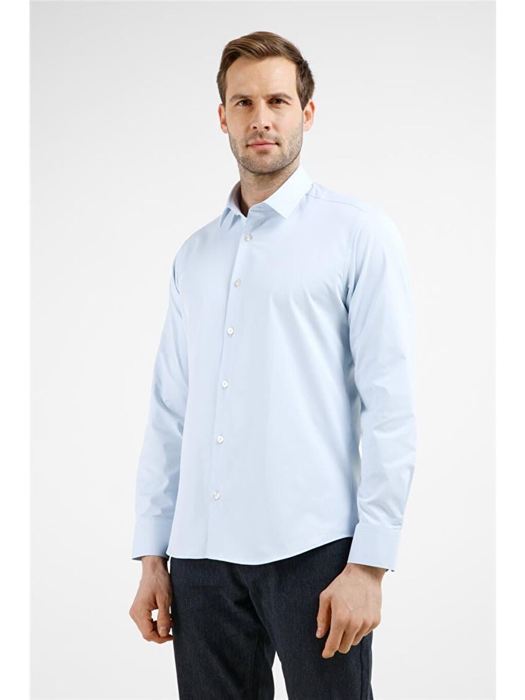 Mavi  Sert Yaka Uzun Kol Cepsiz Slim Fit Pamuklu Gömlek 1004255229