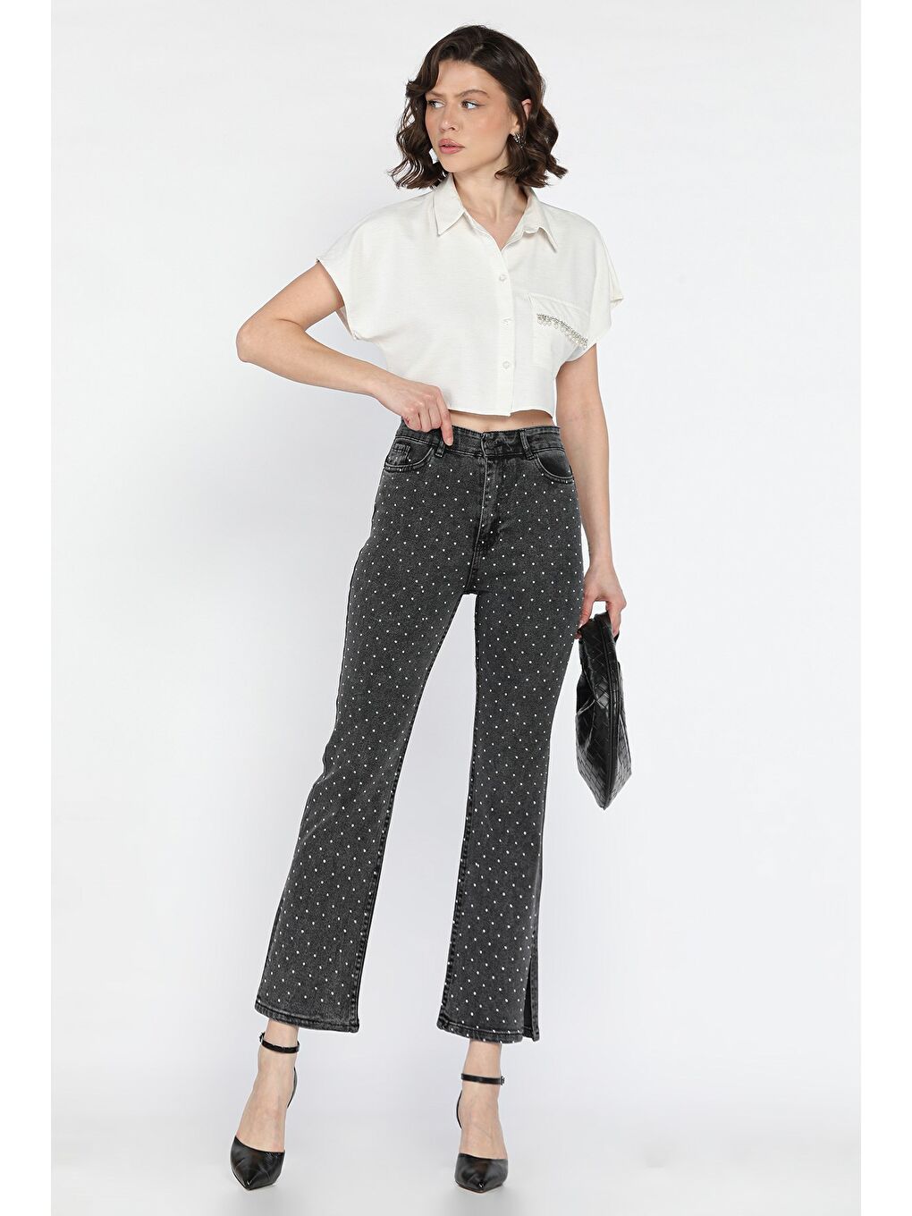 Gri Kadın Yüksek Bel Taş İşlemeli Yırtmaç Detaylı Jean Pantolon