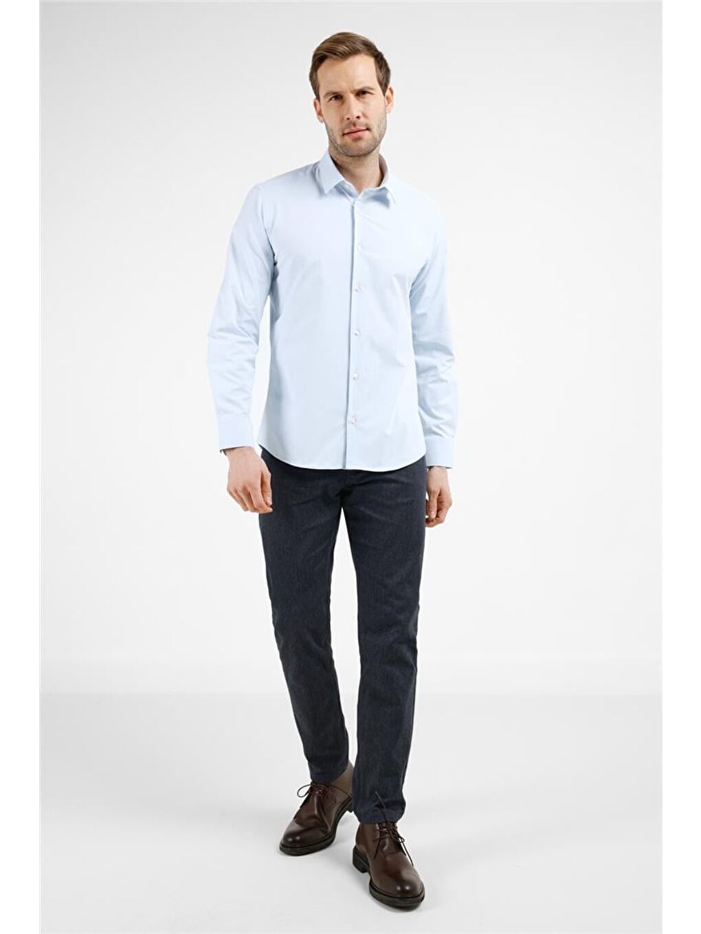 Mavi  Sert Yaka Uzun Kol Cepsiz Slim Fit Pamuklu Gömlek 1004255229-1