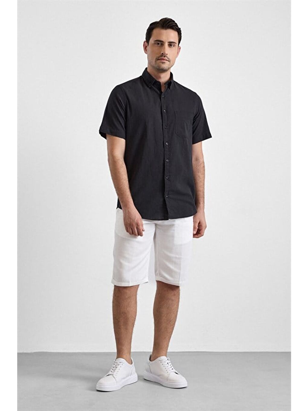 Siyah Regular Düğmeli Yaka Düz Casual Gömlek-2
