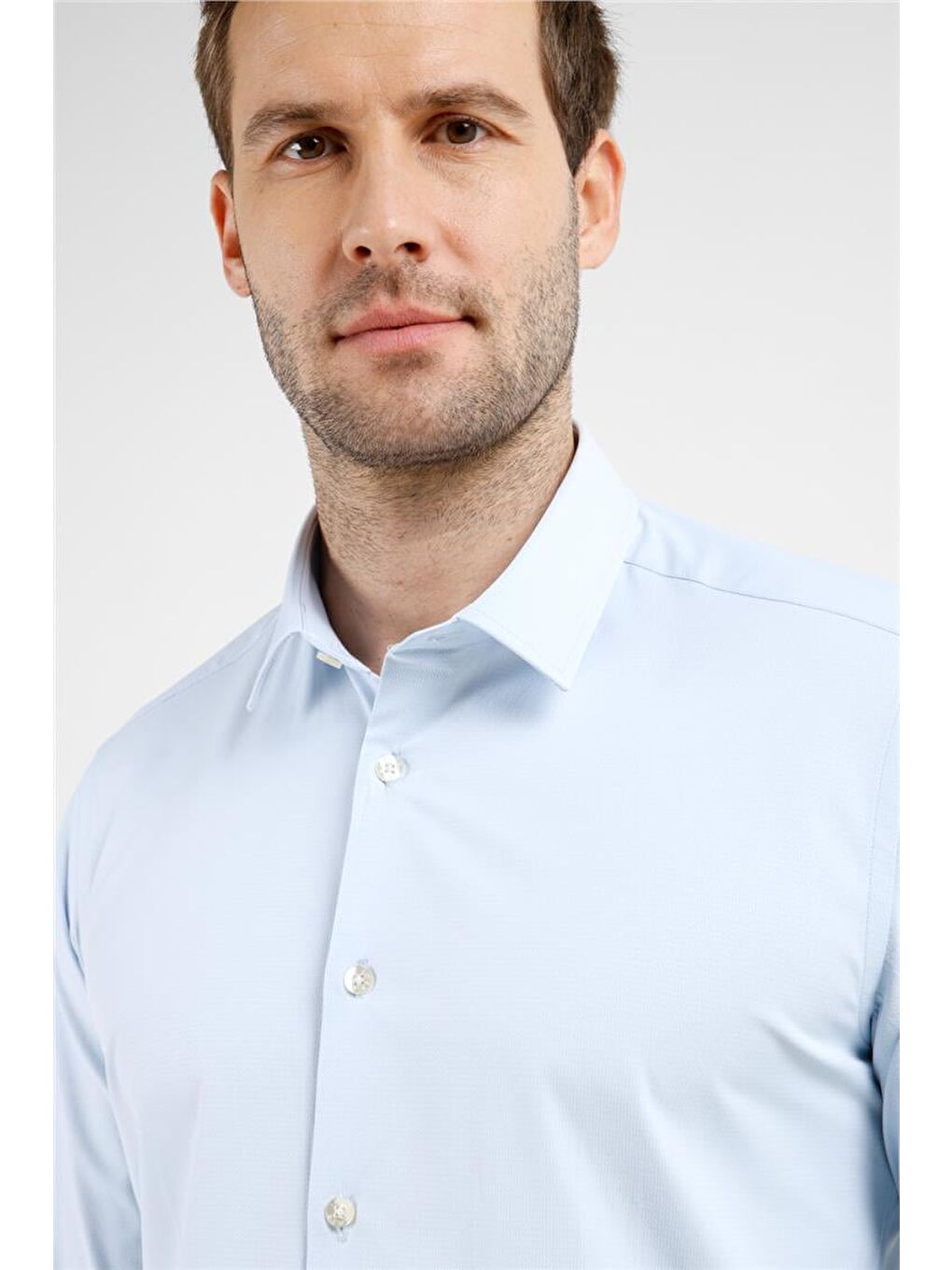 Mavi  Sert Yaka Uzun Kol Cepsiz Slim Fit Pamuklu Gömlek 1004255229-3