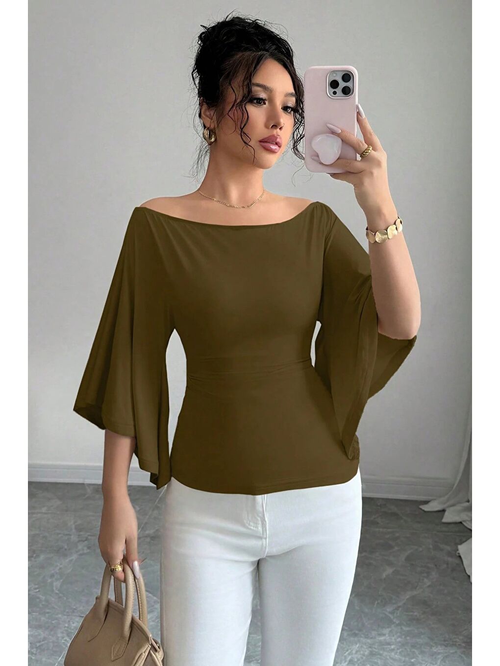 Haki Kadın Kayık Yaka Flare Kol Drapeli Fit Bluz-1