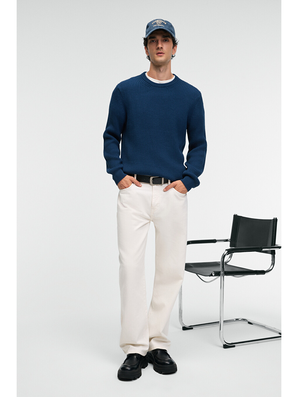 Erkek Yuvarlak Yaka Regular Fit Triko İndigo Kazak-3