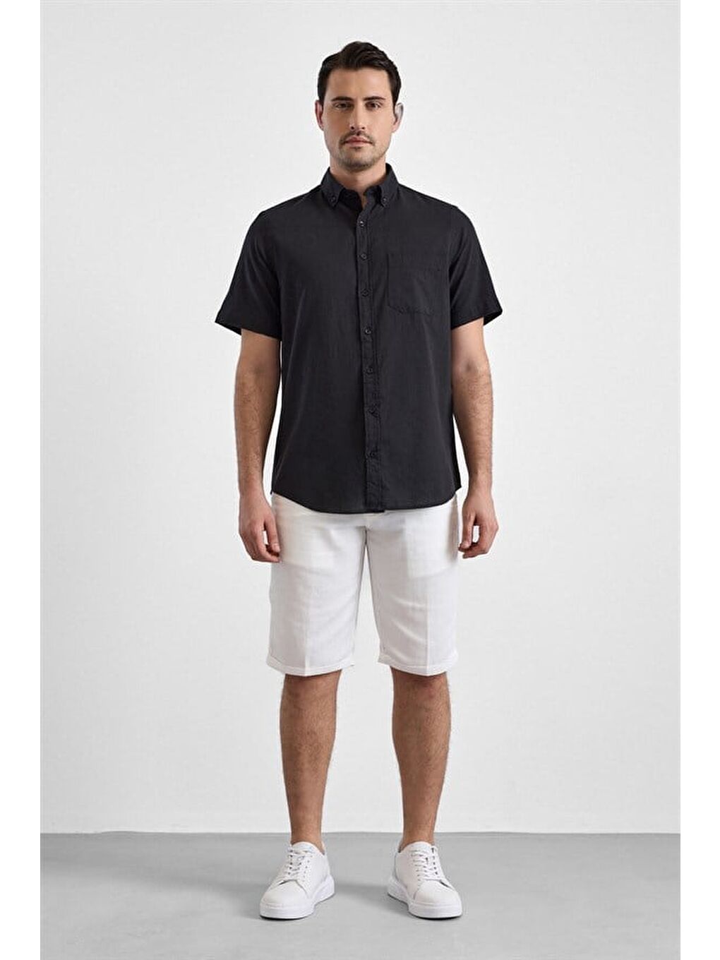 Siyah Regular Düğmeli Yaka Düz Casual Gömlek-4