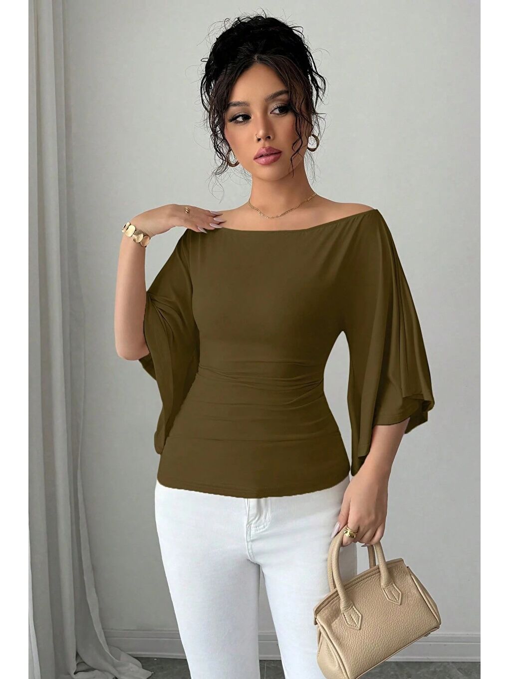 Haki Kadın Kayık Yaka Flare Kol Drapeli Fit Bluz-2