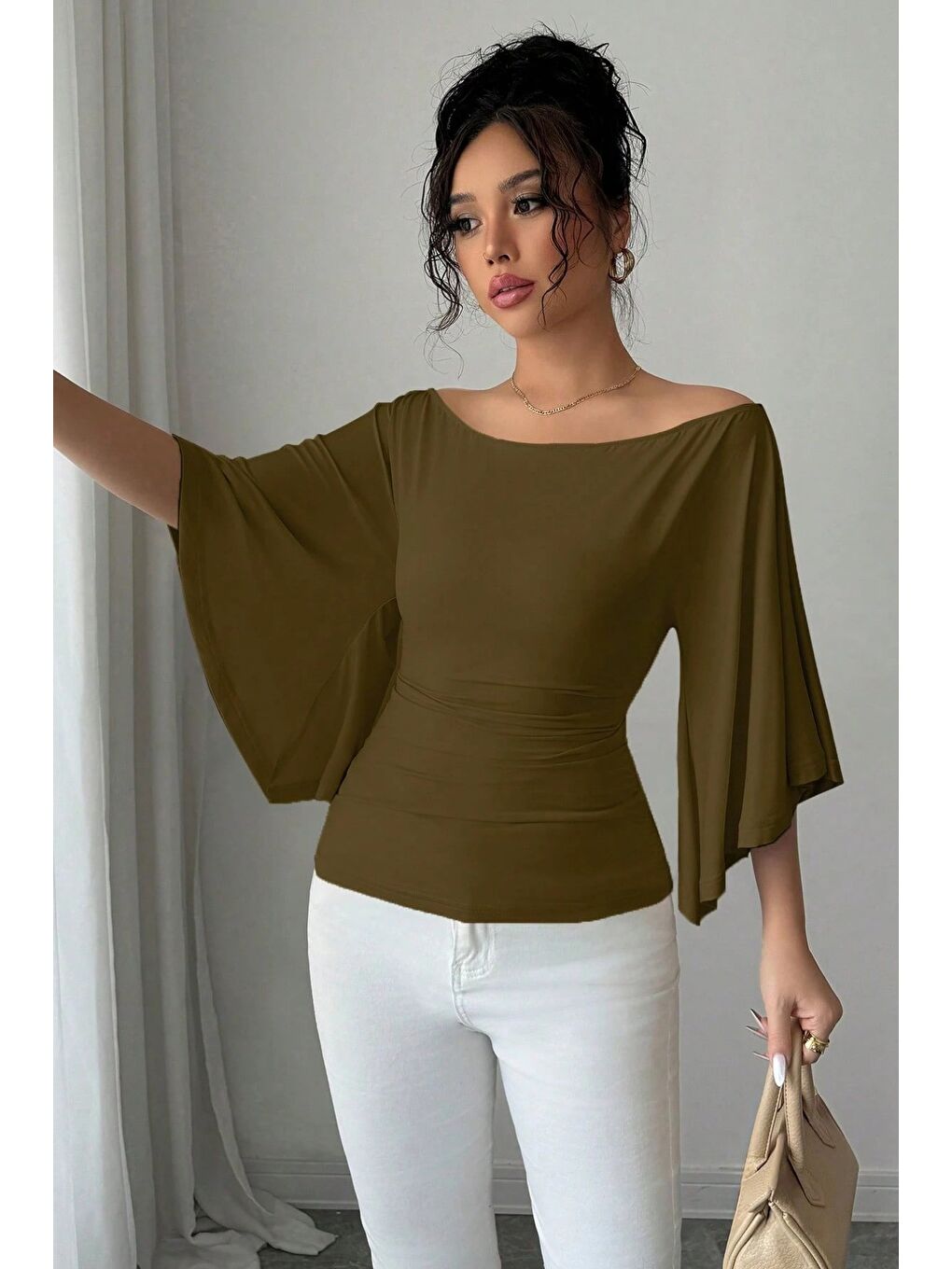 Haki Kadın Kayık Yaka Flare Kol Drapeli Fit Bluz-3