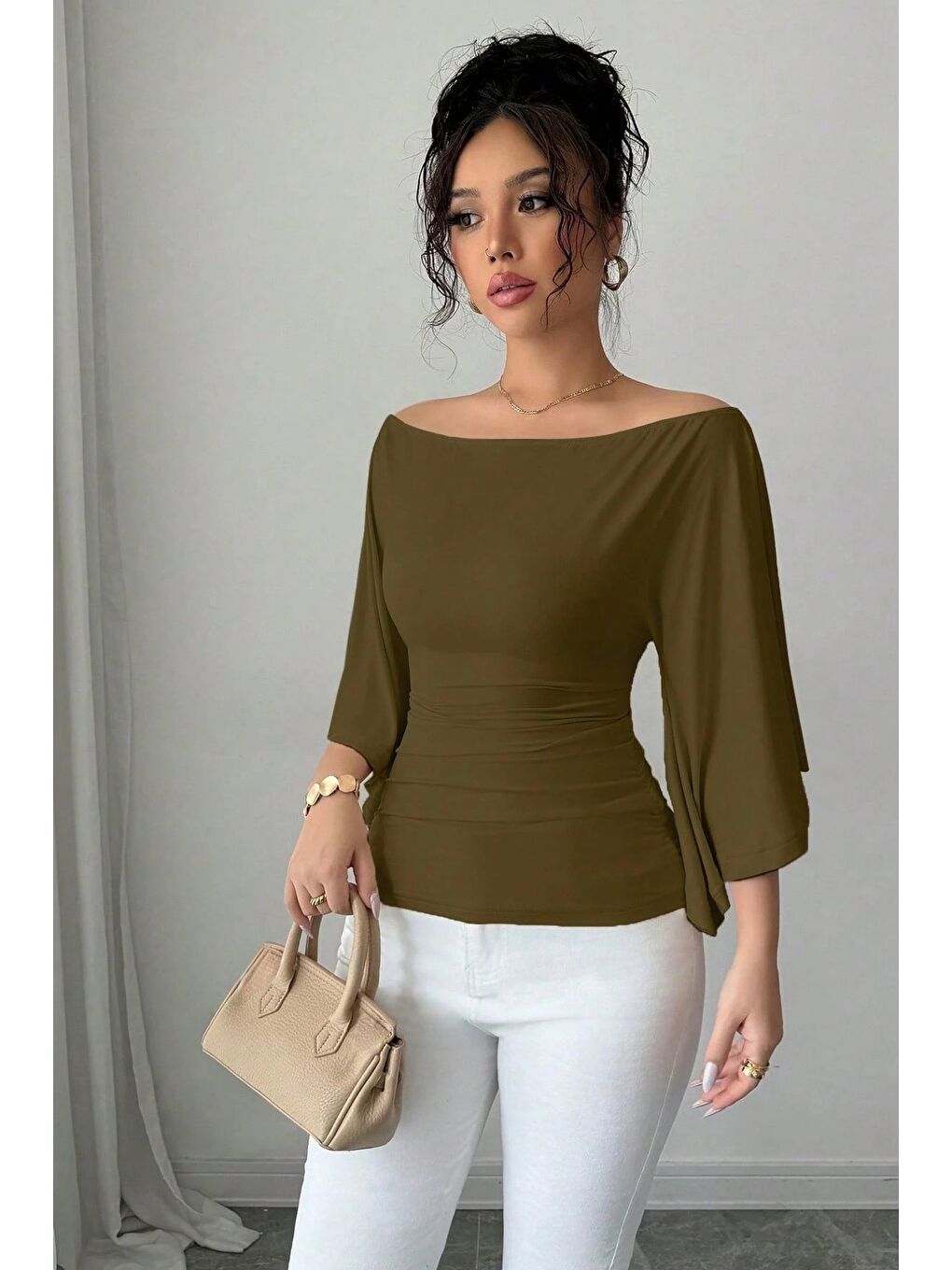 Haki Kadın Kayık Yaka Flare Kol Drapeli Fit Bluz-4