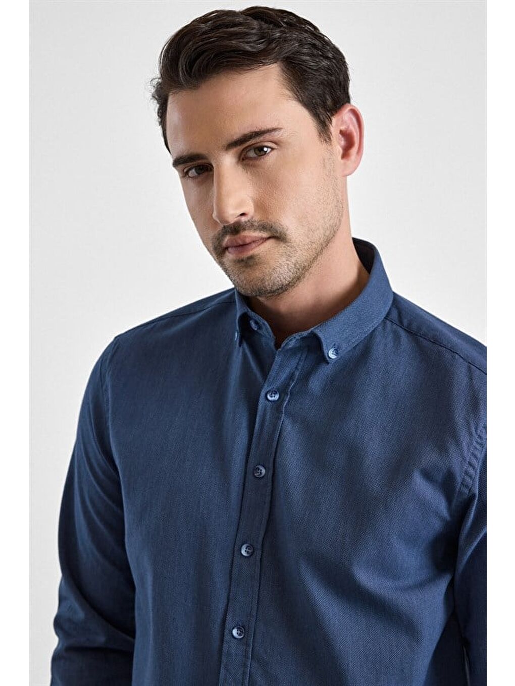 Lacivert Slim Düğmeli Yaka Düz Cepsiz Casual Gömlek-1