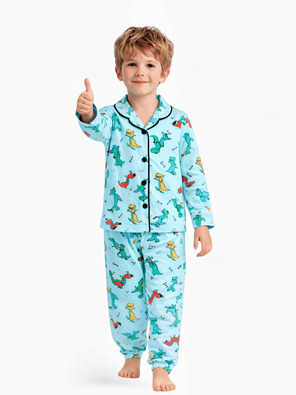 Yeşil Dinozor Desenli Düğmeli Erkek Çocuk Pijama Takımı