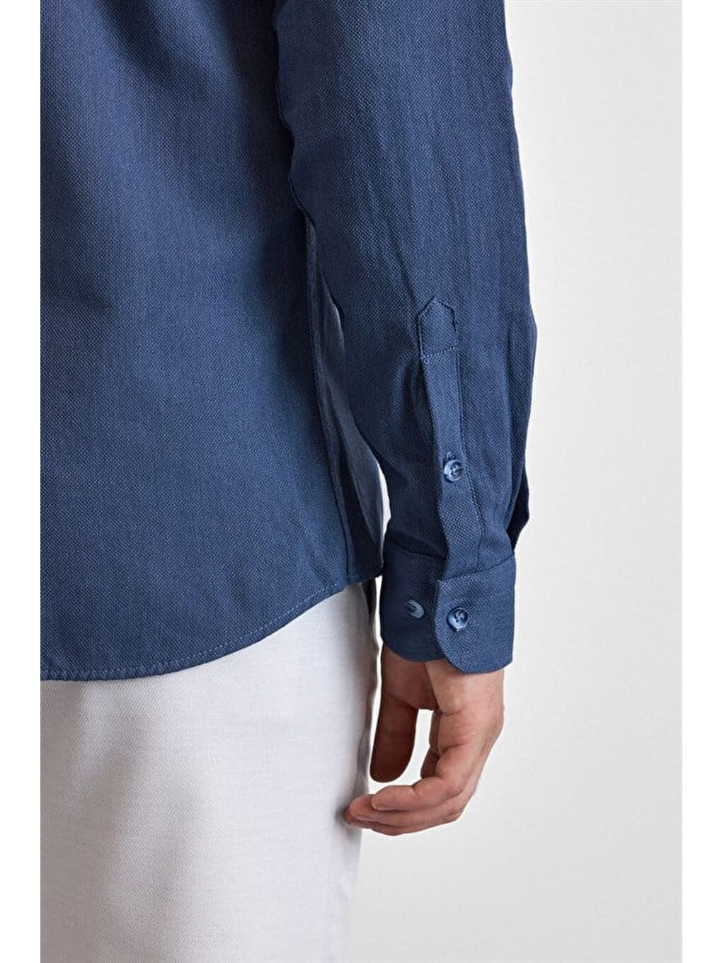 Lacivert Slim Düğmeli Yaka Düz Cepsiz Casual Gömlek-2