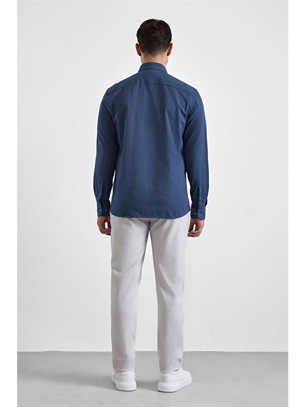 Lacivert Slim Düğmeli Yaka Düz Cepsiz Casual Gömlek-3