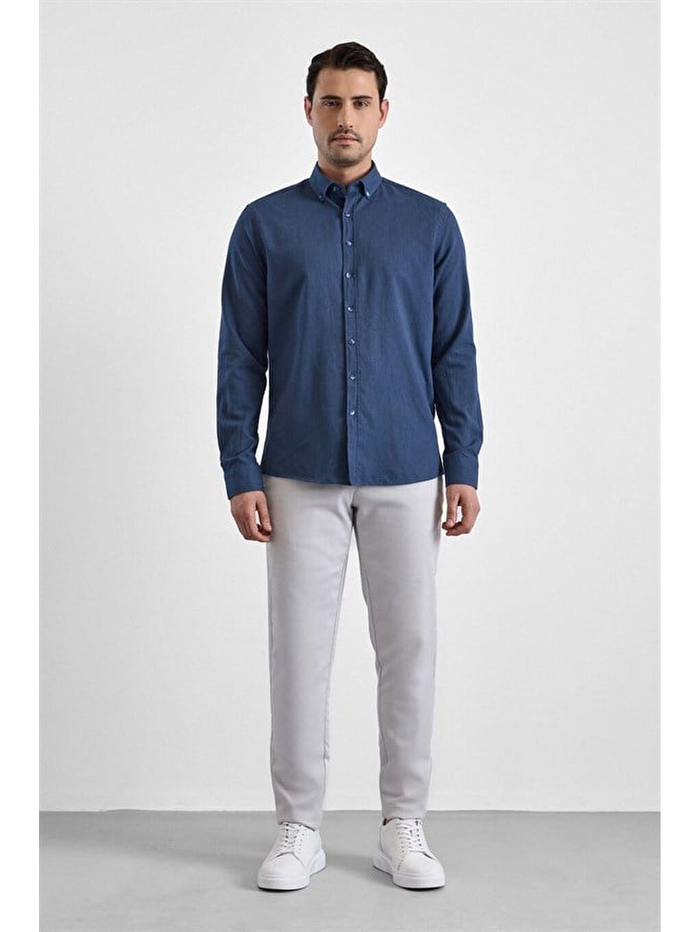 Lacivert Slim Düğmeli Yaka Düz Cepsiz Casual Gömlek-4