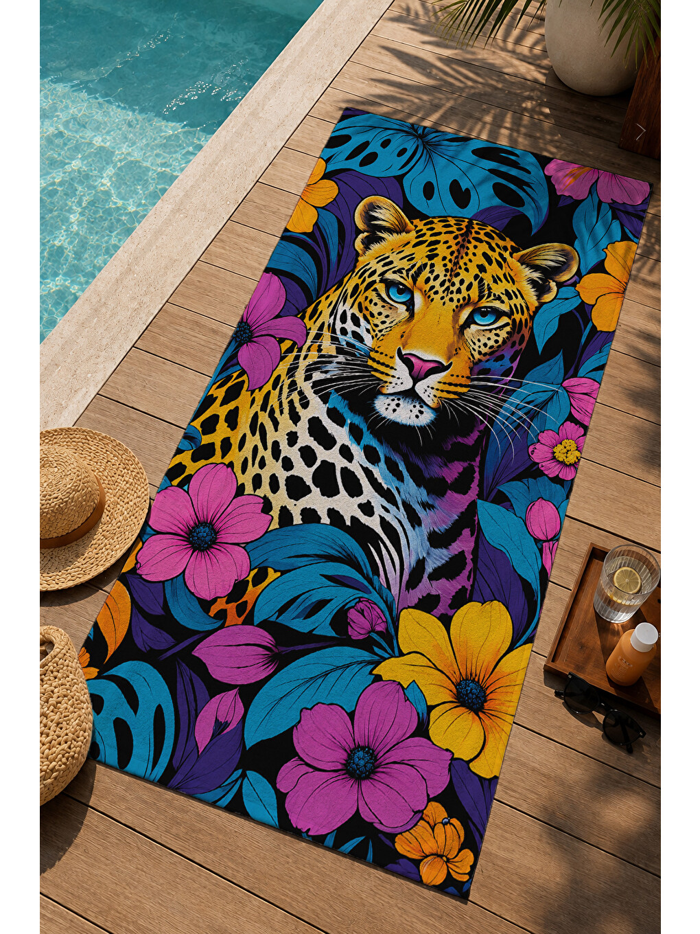 Mavi Renkli Tropikal Kaplan Ve Çiçek Desenli 70x150 Cm Dijital Baskılı Plaj Ve Banyo Havlusu-2