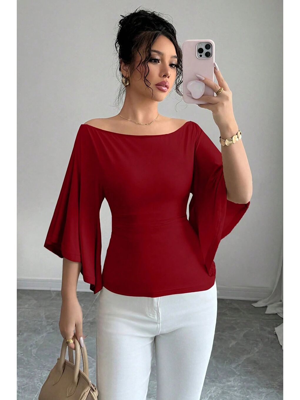 Bordo Kadın Kayık Yaka Flare Kol Drapeli Fit Bluz