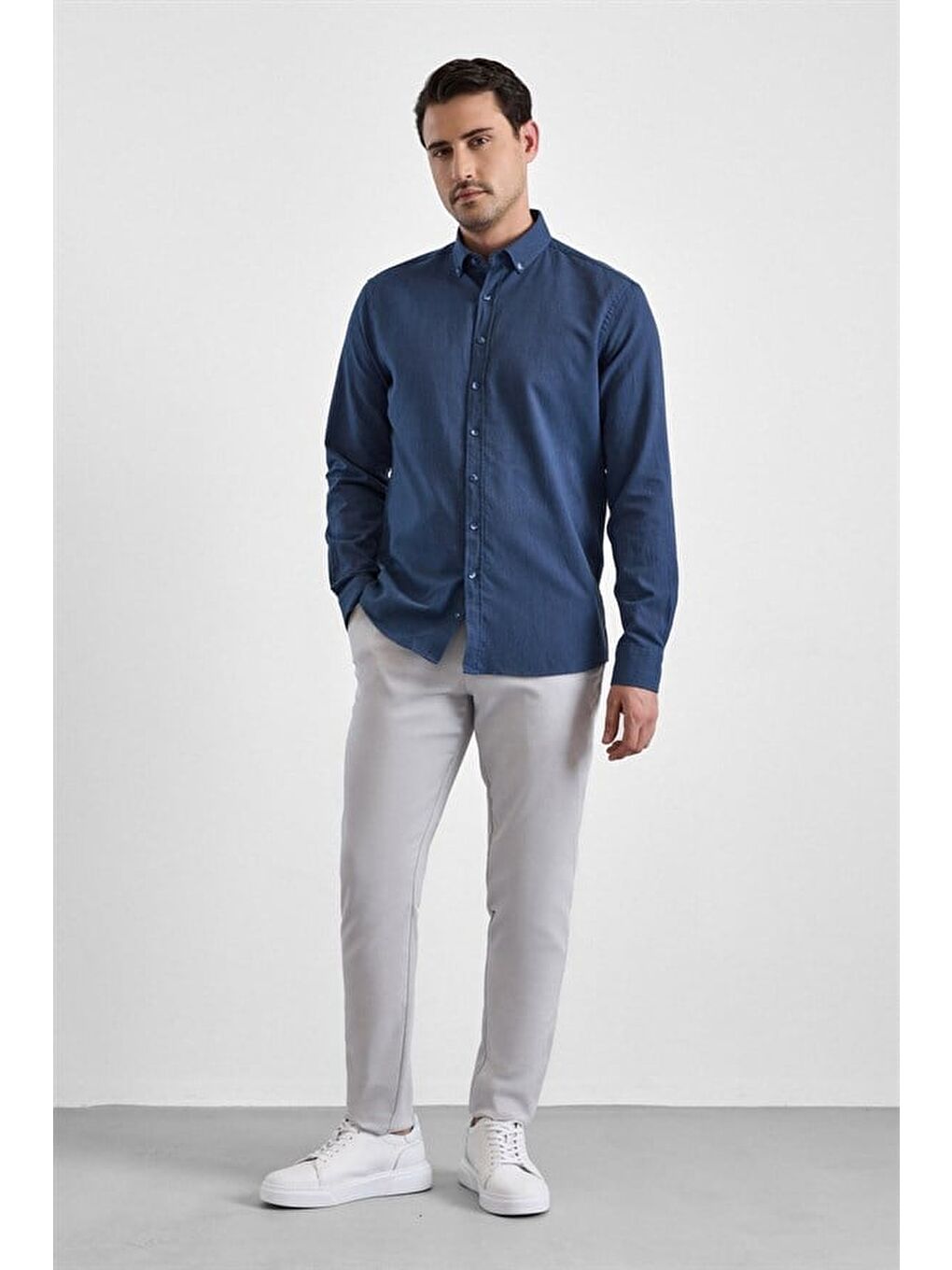 Lacivert Slim Düğmeli Yaka Düz Cepsiz Casual Gömlek-5