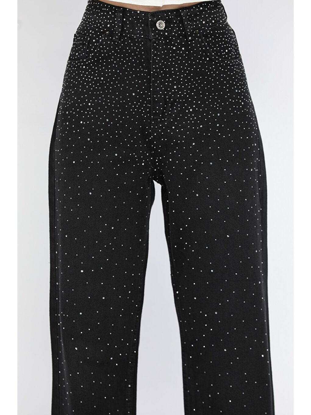 Siyah Kadın Taş İşlemeli Kesik Paça Jean Pantolon-2