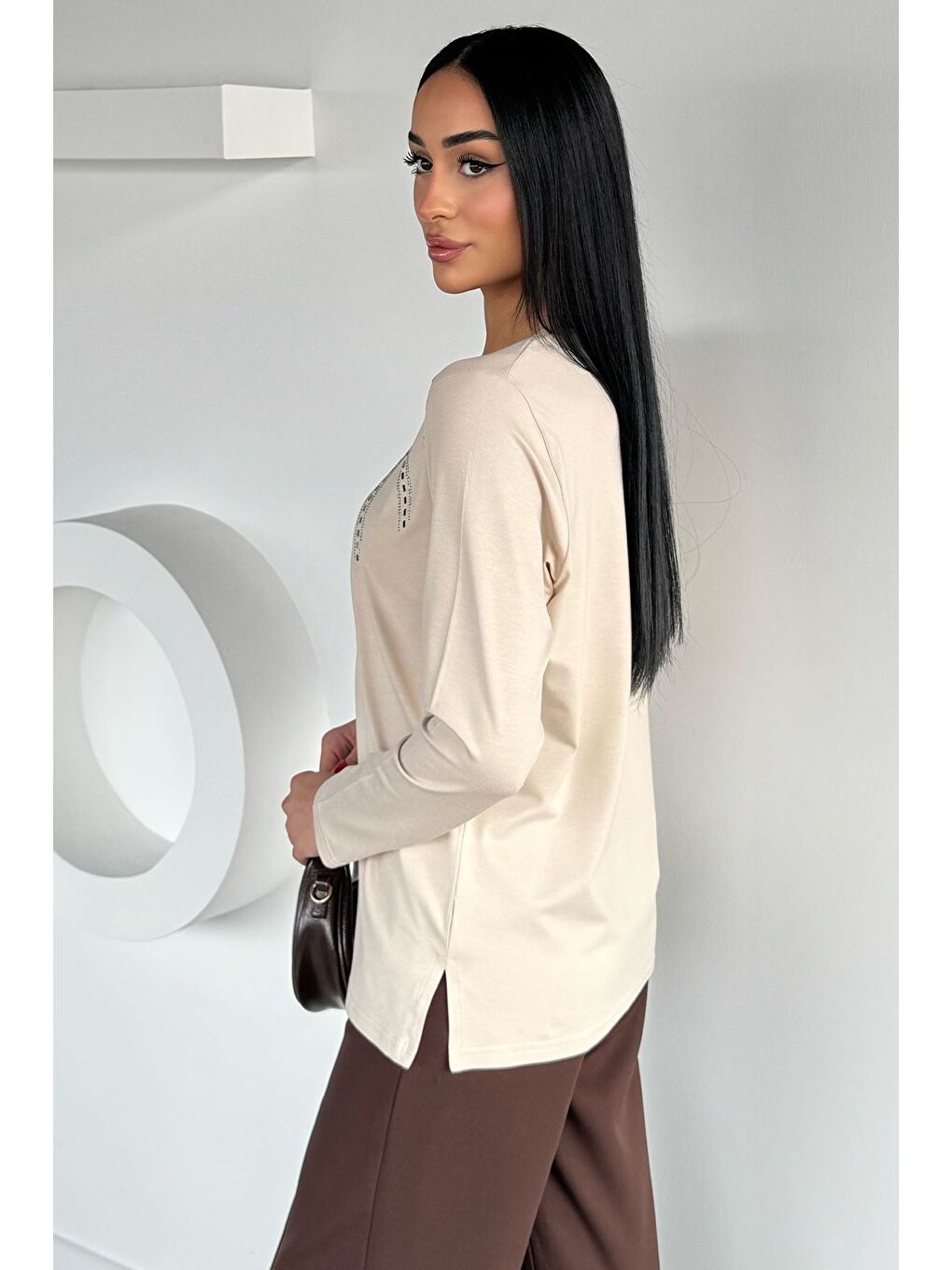 Bej Taşlı Anne Penye Bluz-3