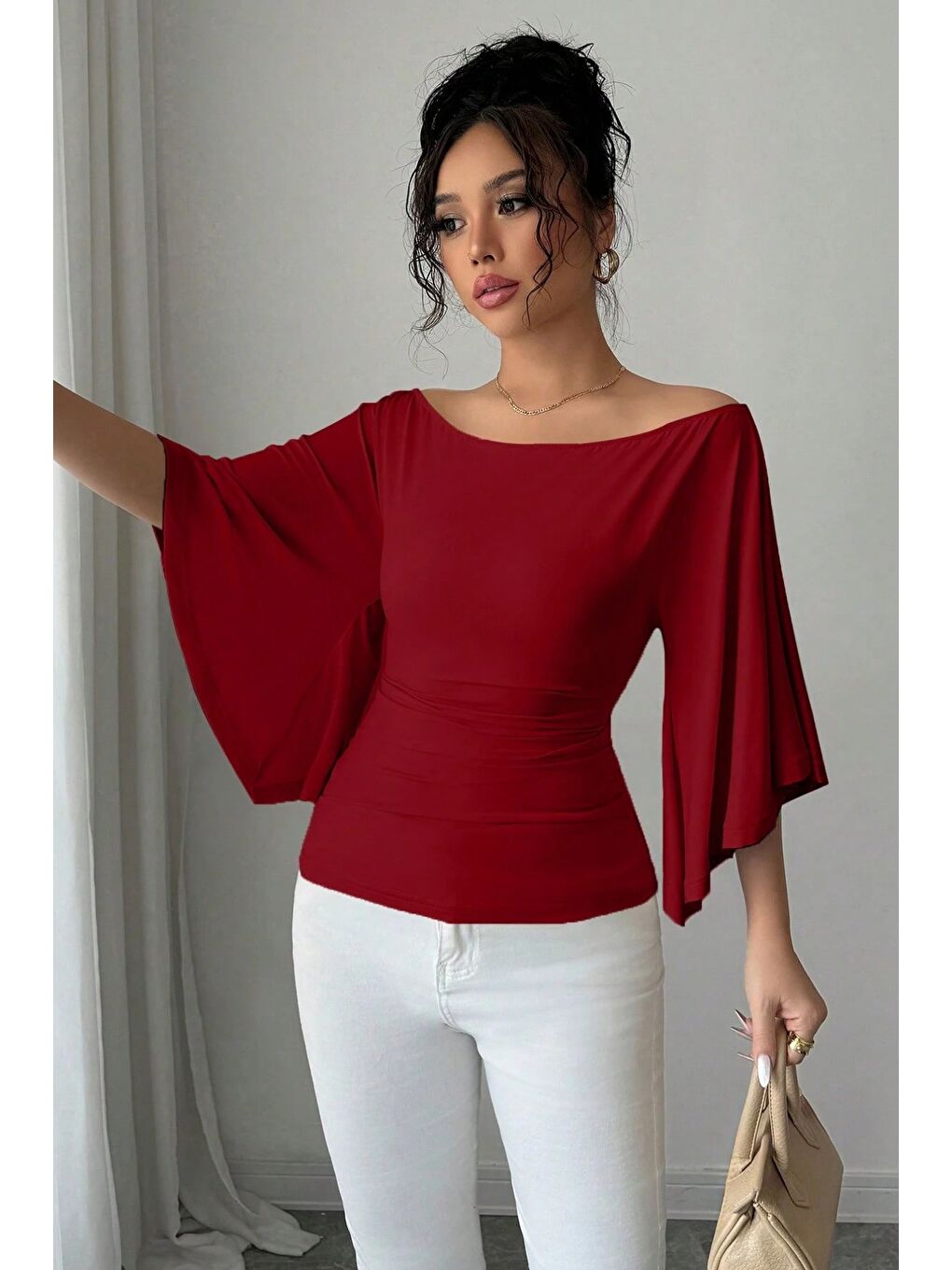 Bordo Kadın Kayık Yaka Flare Kol Drapeli Fit Bluz-1