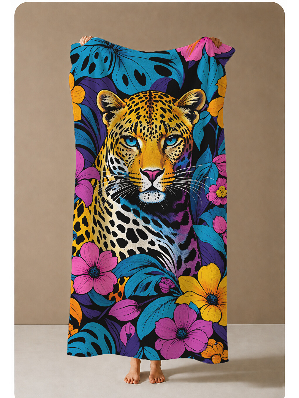 Mavi Renkli Tropikal Kaplan Ve Çiçek Desenli 70x150 Cm Dijital Baskılı Plaj Ve Banyo Havlusu-3
