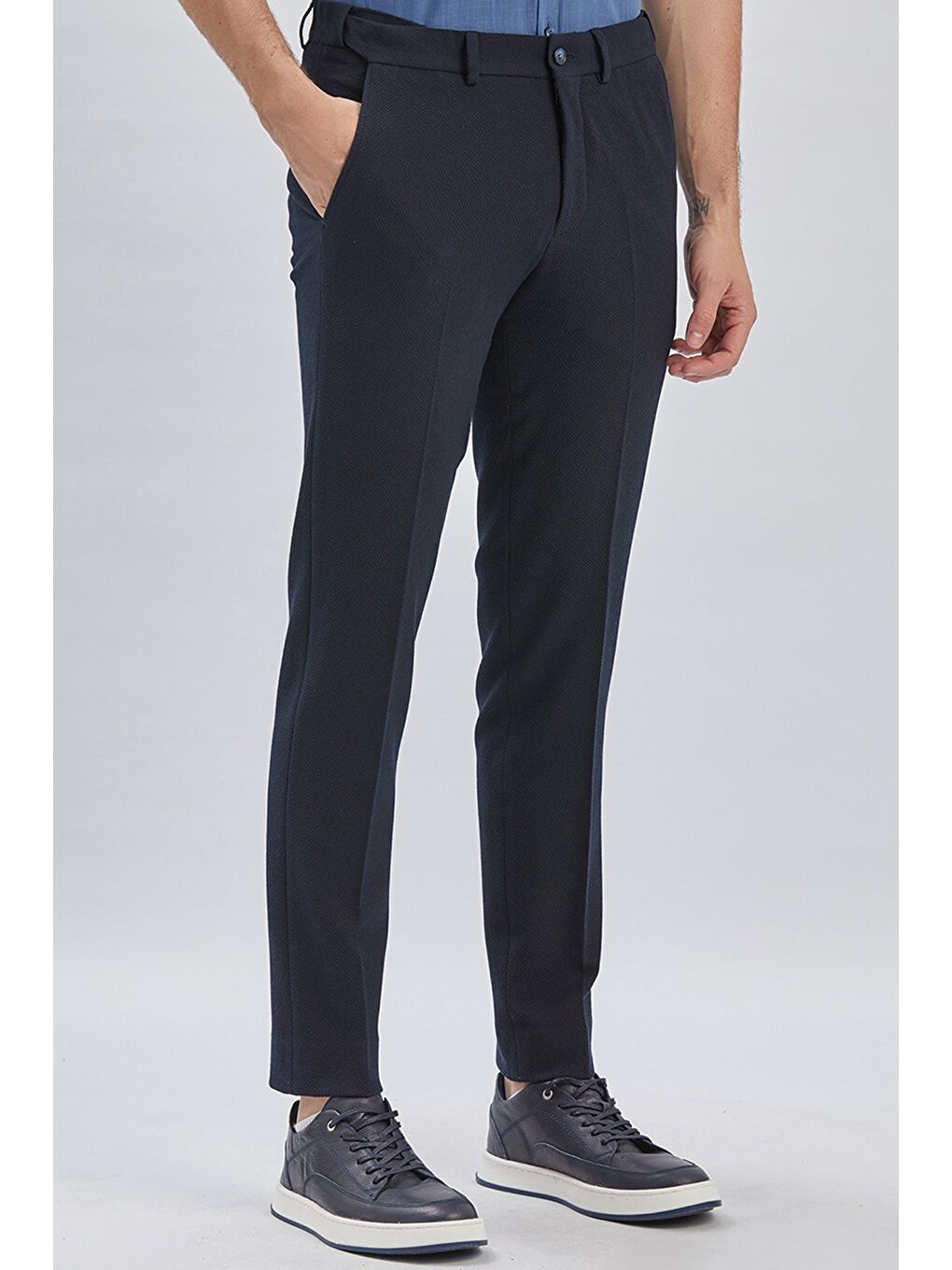 Koyu Lacivert Esnek Lastikli Yandan Cepli Casual Slim Fit Ayarlanabilir Kemer Pantolon 1003240162-3