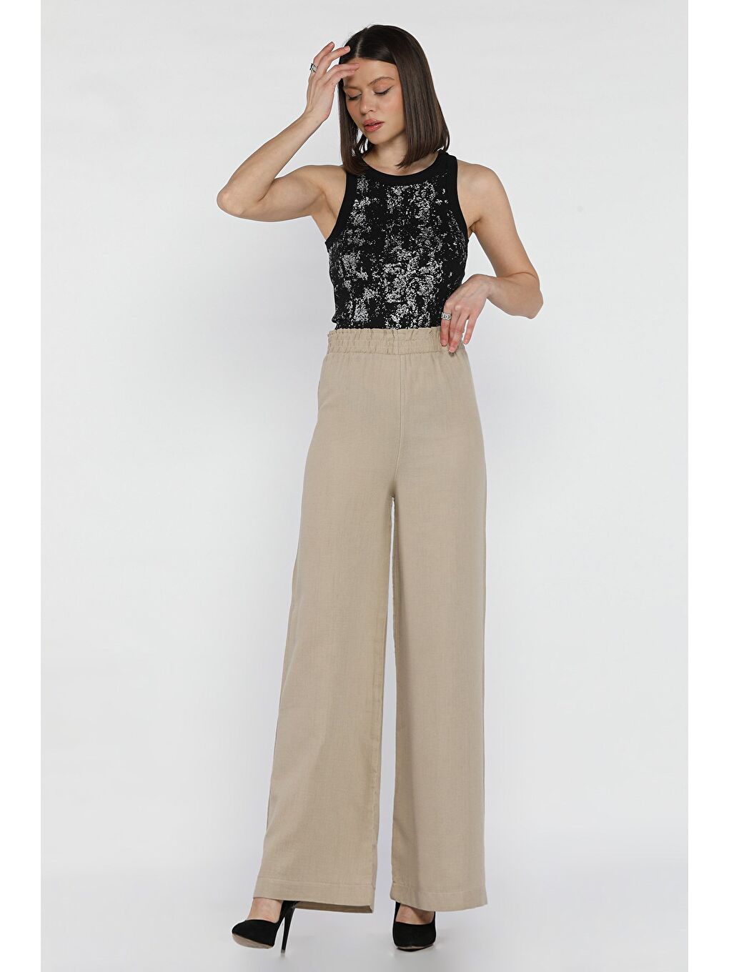 Bej Kadın Bel Lastikli Yüksek Bel Bol Paça Palazzo Pantolon-1