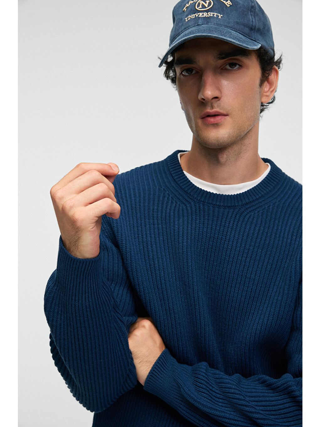 Erkek Yuvarlak Yaka Regular Fit Triko İndigo Kazak-4