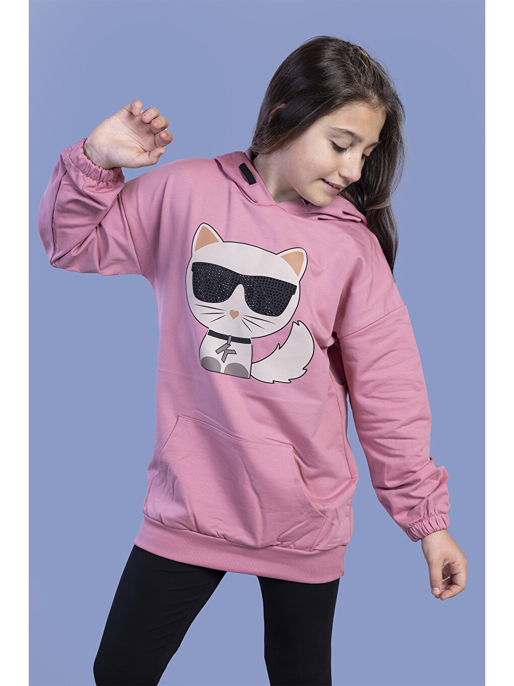 Pembe Kız Çocuk Kedi Desenli Taş İşlemeli Kanguru Cepli Sweatshirt