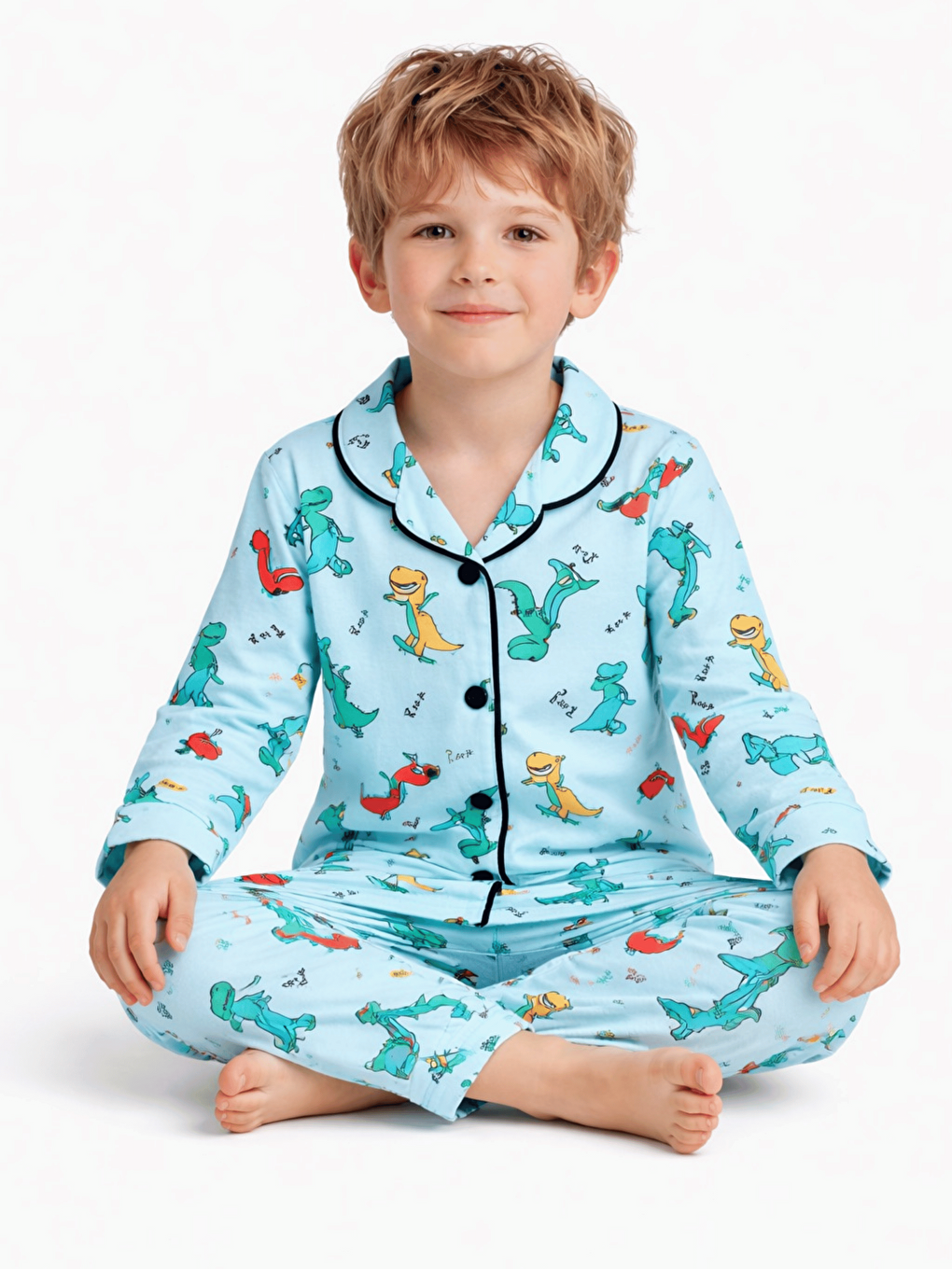 Yeşil Dinozor Desenli Düğmeli Erkek Çocuk Pijama Takımı-1