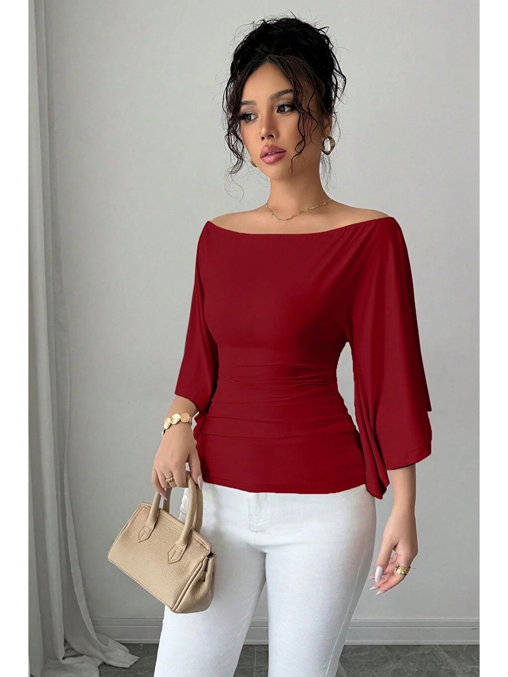 Bordo Kadın Kayık Yaka Flare Kol Drapeli Fit Bluz-3