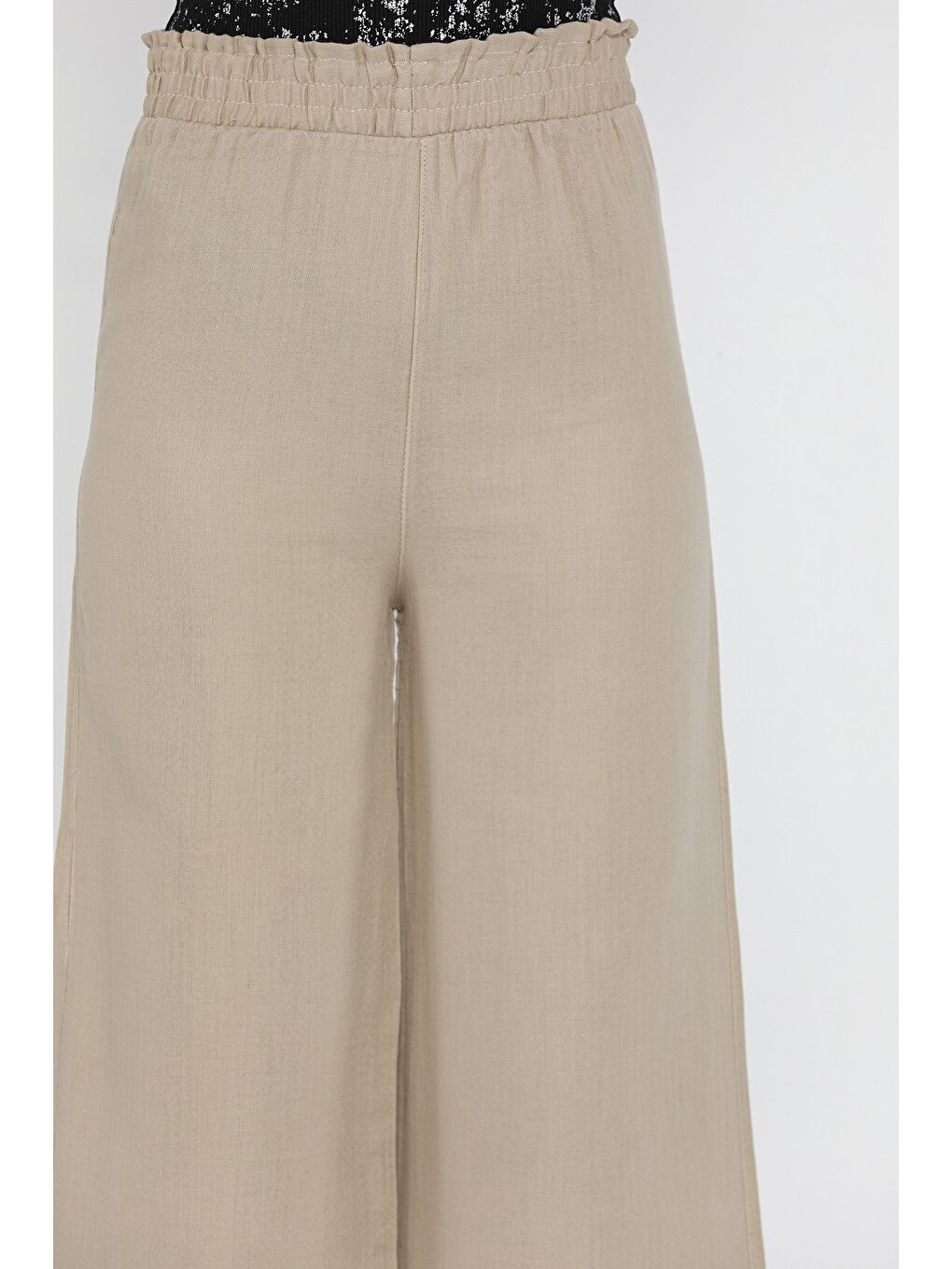 Bej Kadın Bel Lastikli Yüksek Bel Bol Paça Palazzo Pantolon-3