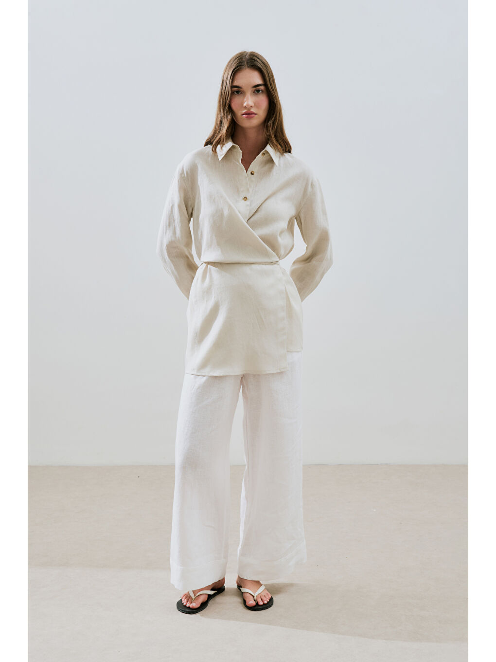 Bej Keten Bağlama Detaylı Gömlek Taş-1