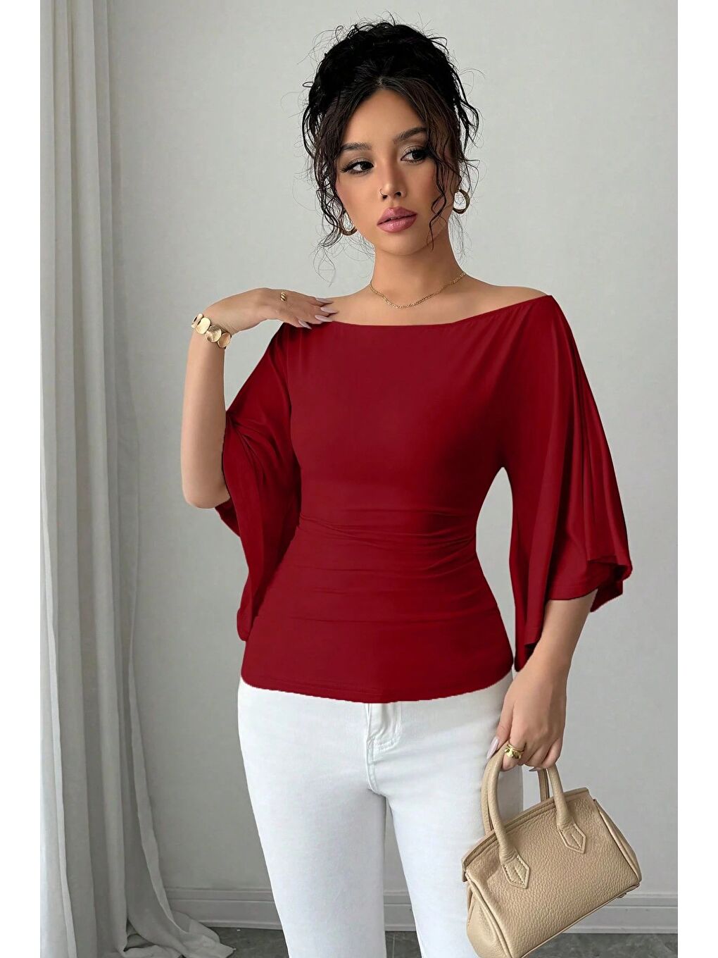 Bordo Kadın Kayık Yaka Flare Kol Drapeli Fit Bluz-4