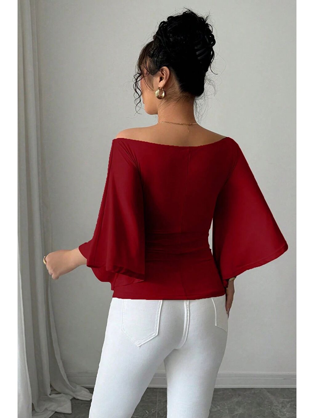 Bordo Kadın Kayık Yaka Flare Kol Drapeli Fit Bluz-5