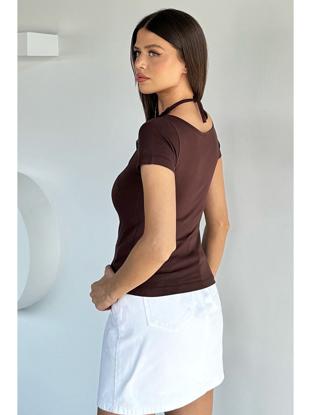 Kahverengi Kadın Boyun Bağlamalı Dantelli Bluz-3