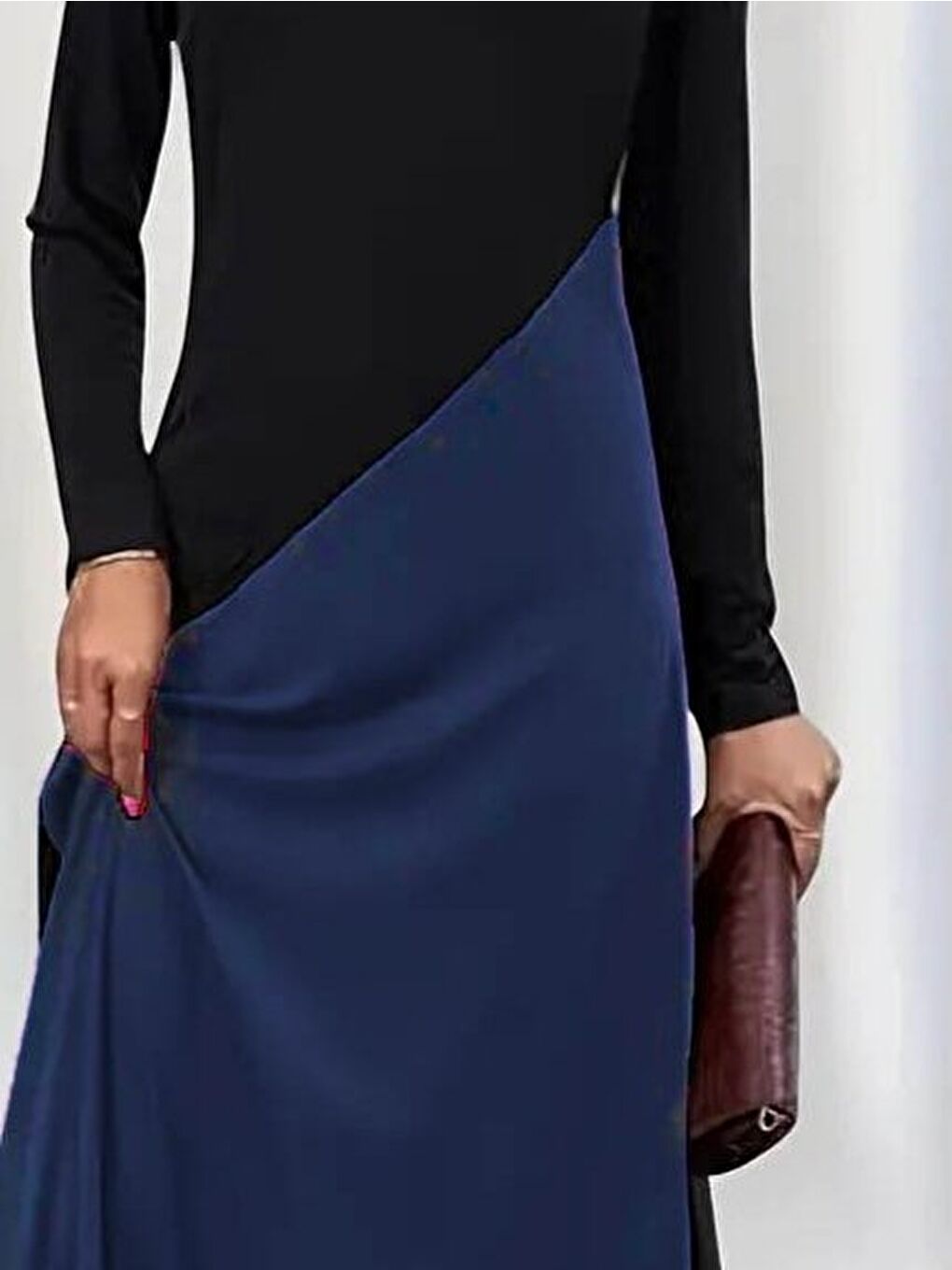 Lacivert Kadın Uzun Kollu V Yakalı Blok Desenli Viskon Elbise-1