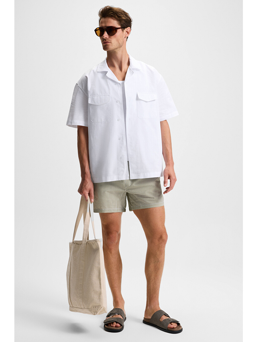 Beyaz TERO Erkek %100 Pamuk Apaj Yaka Kısa Kollu Flamlı Oxford Comfort Fit Hawaii BEYAZ Gömlek-1