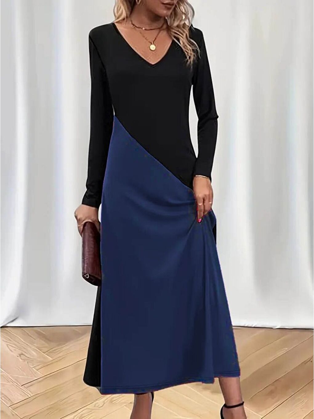 Lacivert Kadın Uzun Kollu V Yakalı Blok Desenli Viskon Elbise-2