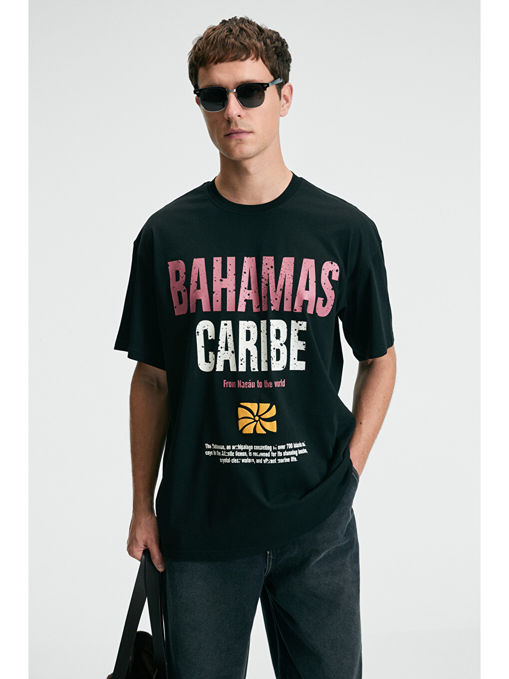 Nıbble Erkek Oversize %100 Pamuk Baskılı Yuvarlak Yaka Siyah T-shirt