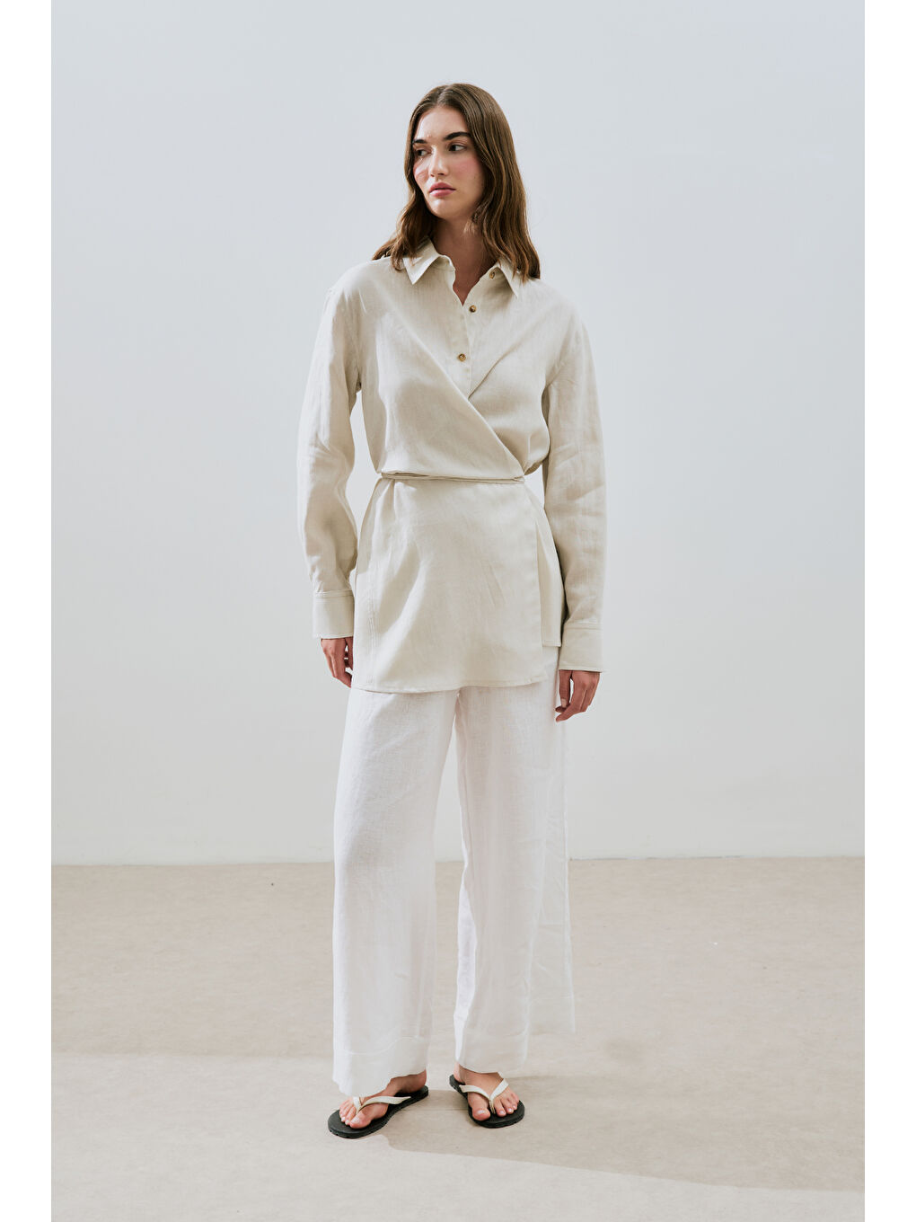 Bej Keten Bağlama Detaylı Gömlek Taş-2