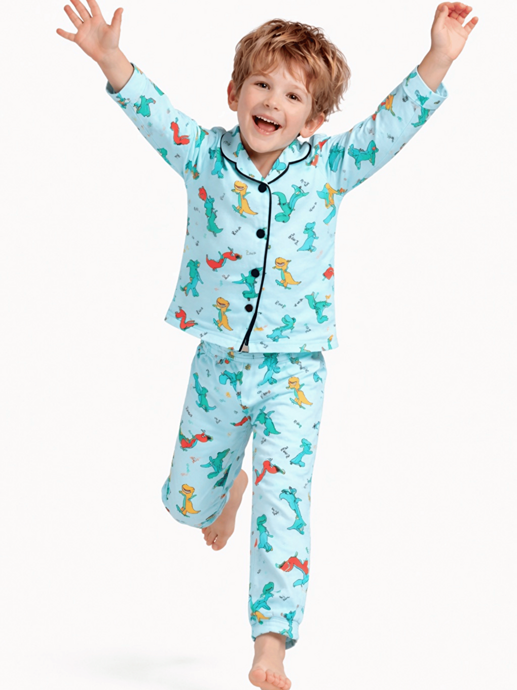 Yeşil Dinozor Desenli Düğmeli Erkek Çocuk Pijama Takımı-2