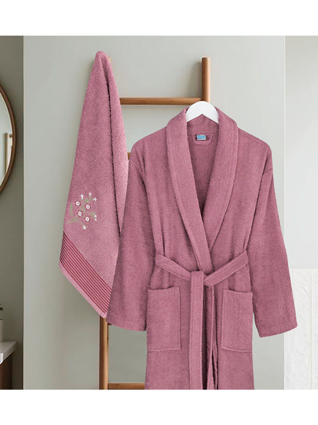 Bornoz - Nakışlı Havlu Seti Cora Mürdüm L/XL+45x85cm-1