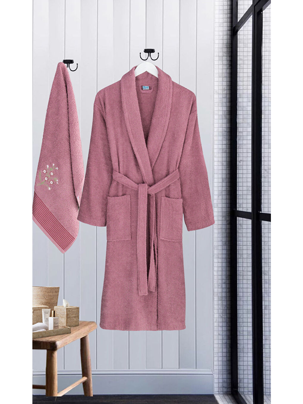 Bornoz - Nakışlı Havlu Seti Cora Mürdüm L/XL+45x85cm-2