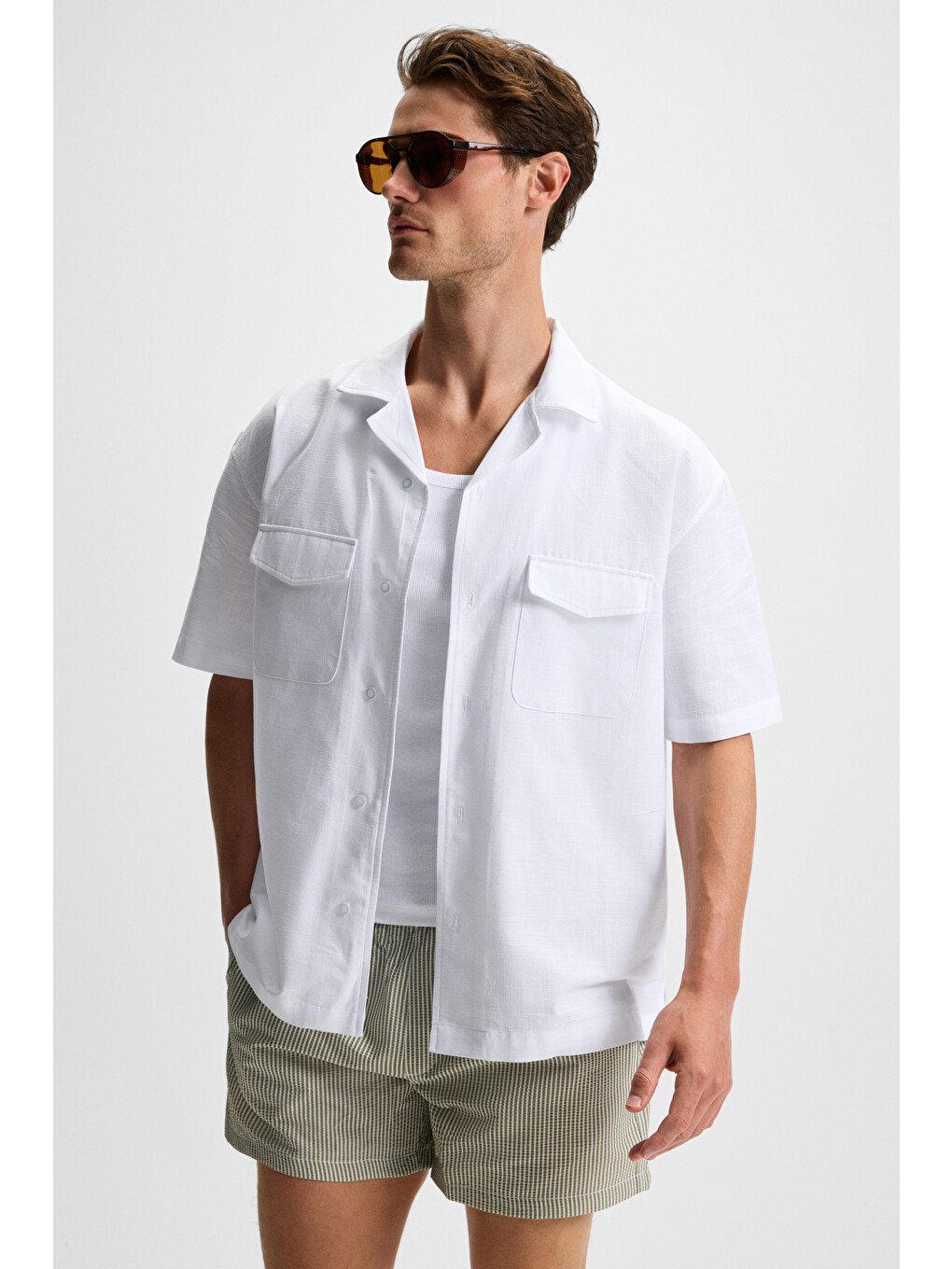 Beyaz TERO Erkek %100 Pamuk Apaj Yaka Kısa Kollu Flamlı Oxford Comfort Fit Hawaii BEYAZ Gömlek-2